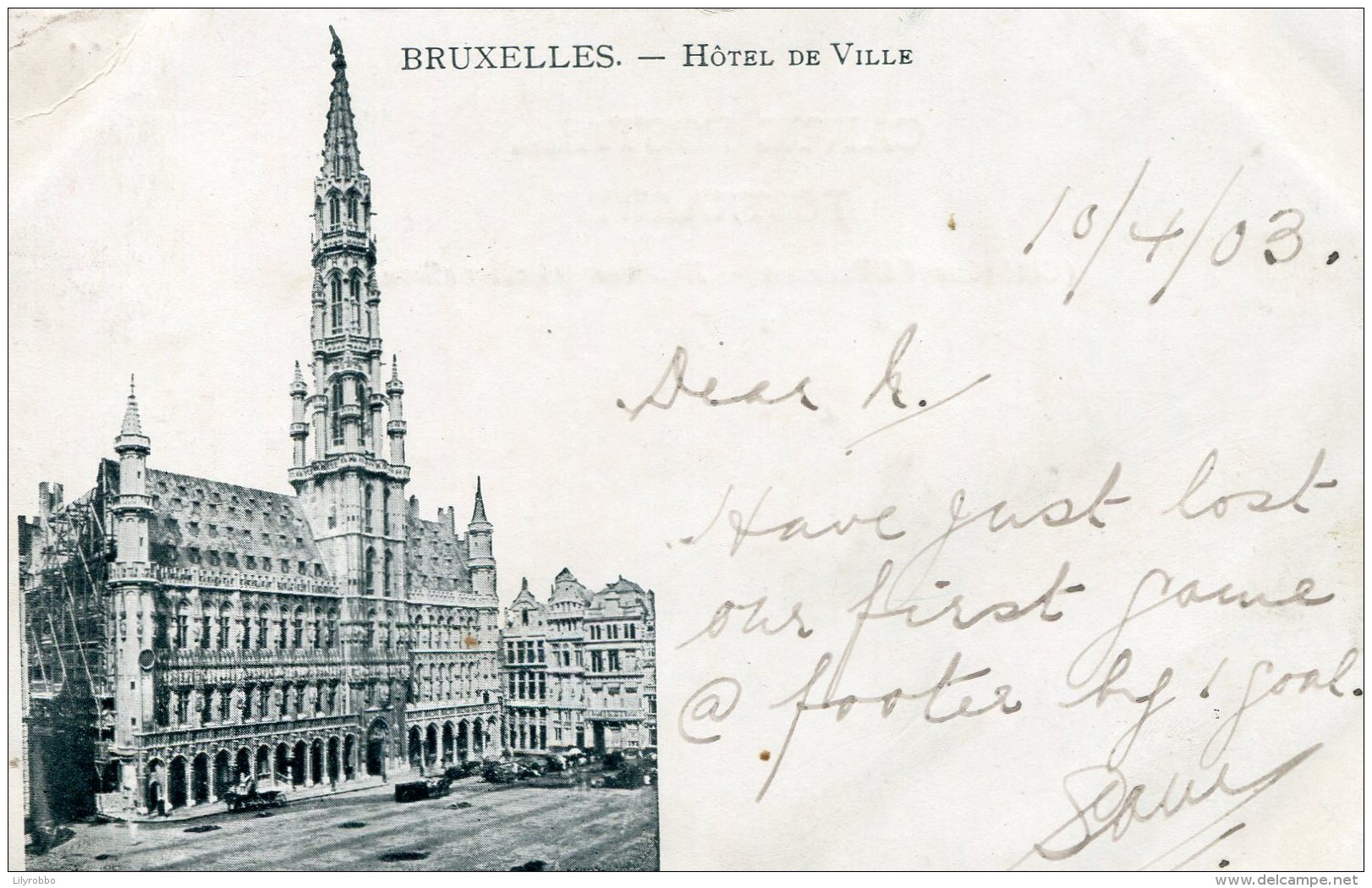 BELGIUM - BRUXELLES Hotel De Ville VG Vignette & Message 1903  - Undivided Rear - Cafés, Hôtels, Restaurants