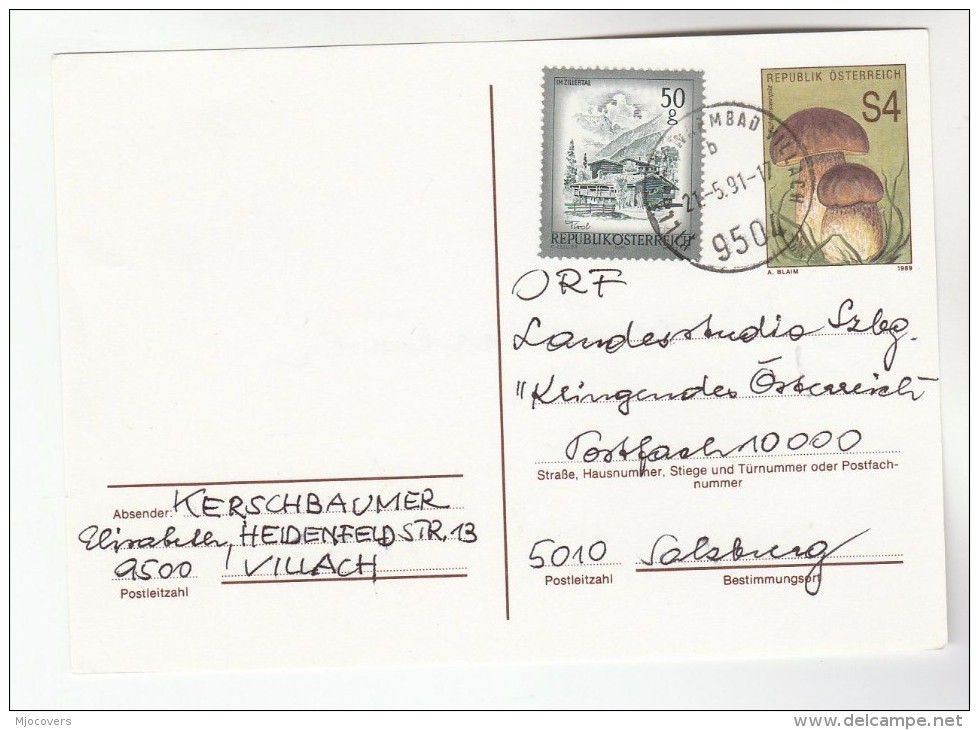 1991 Villach AUSTRIA 50g TIROL Stamps On UPRATED 4s FUNGI POSTAL STATIONERY CARD Cover Mushrooms - Other & Unclassified