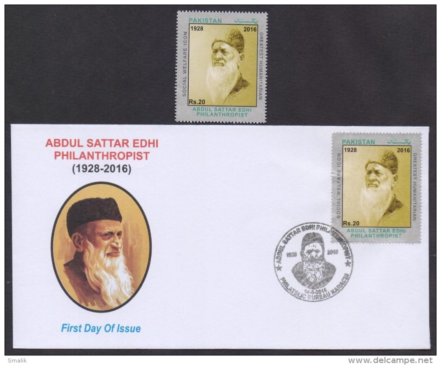 PAKISTAN 2016 - Abdul Sattar Edhi Philanthropist, Social Worker, Great Human, MNH Stamp + FDC - Pakistan