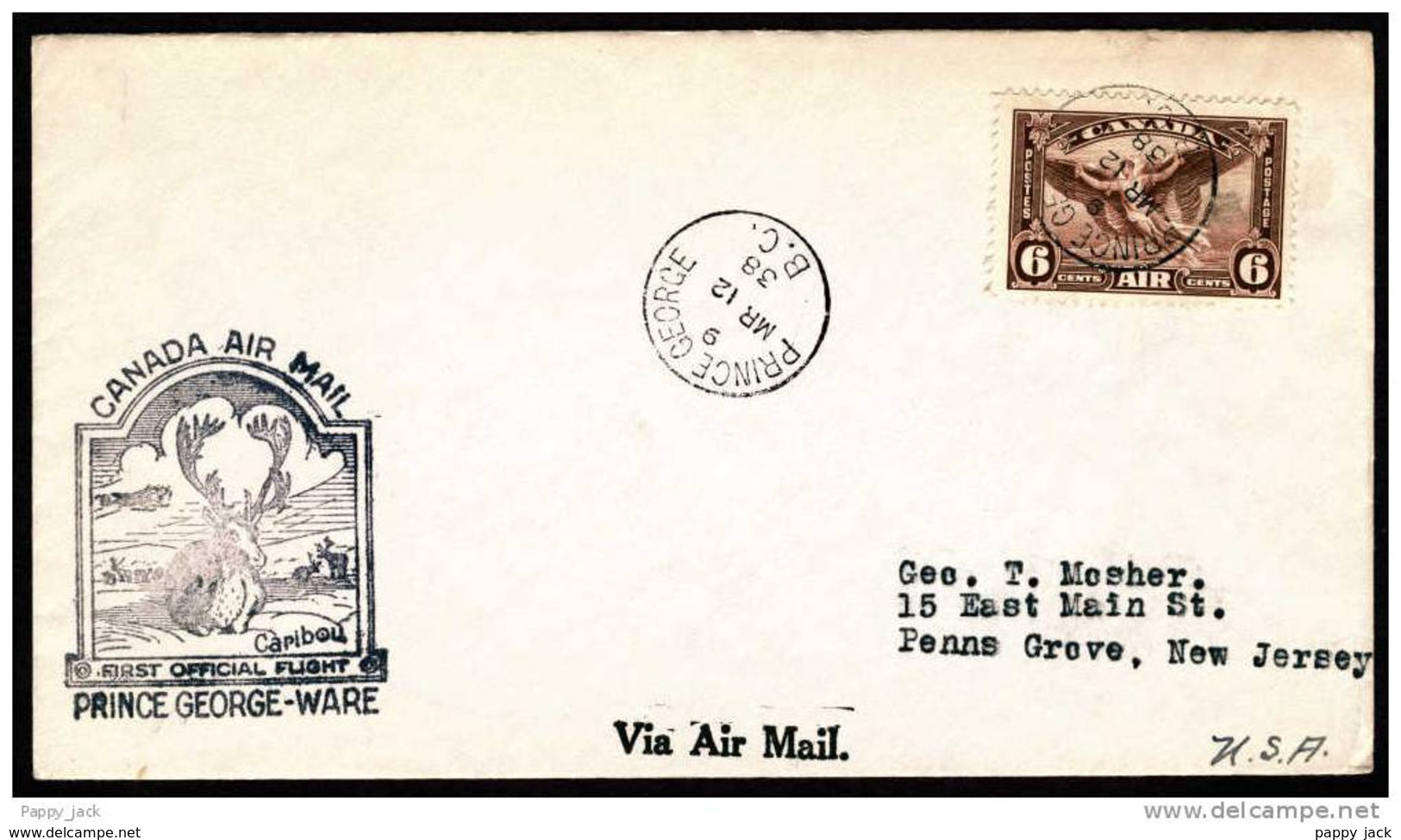 Canada FDC First Flight British Columbia Prince George - War Stamp # C5 - Premiers Vols