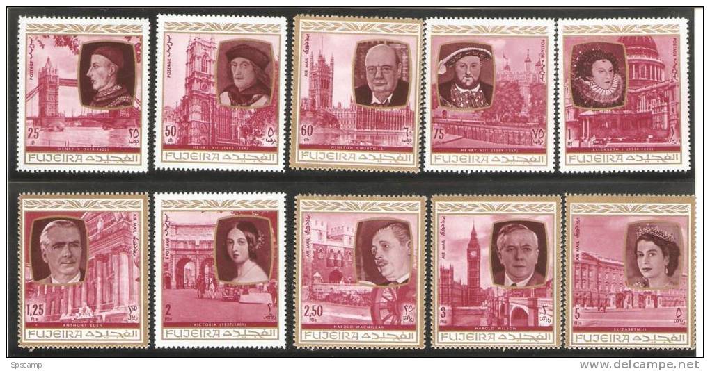 Fujeira 1970 English Royalty & Famous People Set 10 MNH - Fujeira