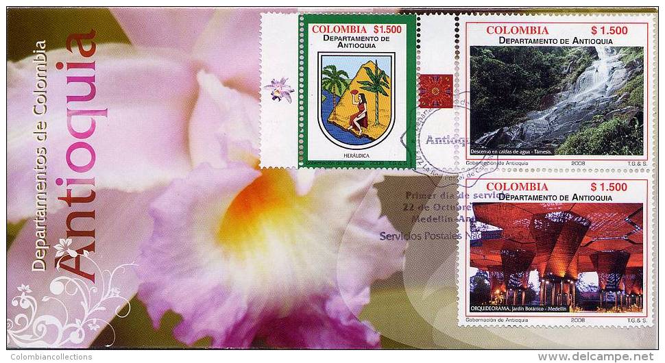 Lote 2477-88F, Colombia, 2008, 4 SPD-FDC, Antioquia, Coat Of Arms, Bird, Water Fall, Indigenous Theme - Colombia