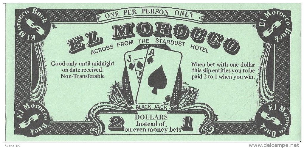 El Morocco Casino Las Vegas, NV - El Morocco Buck - 2 For 1 Match Play Coupon - Advertising