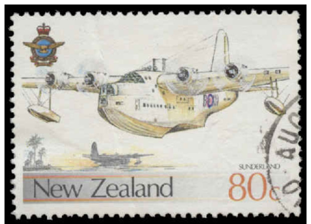 New Zealand Scott # 874, 80¢ Multicolored (1987) Sunderland Seaplane, Used - Oblitérés