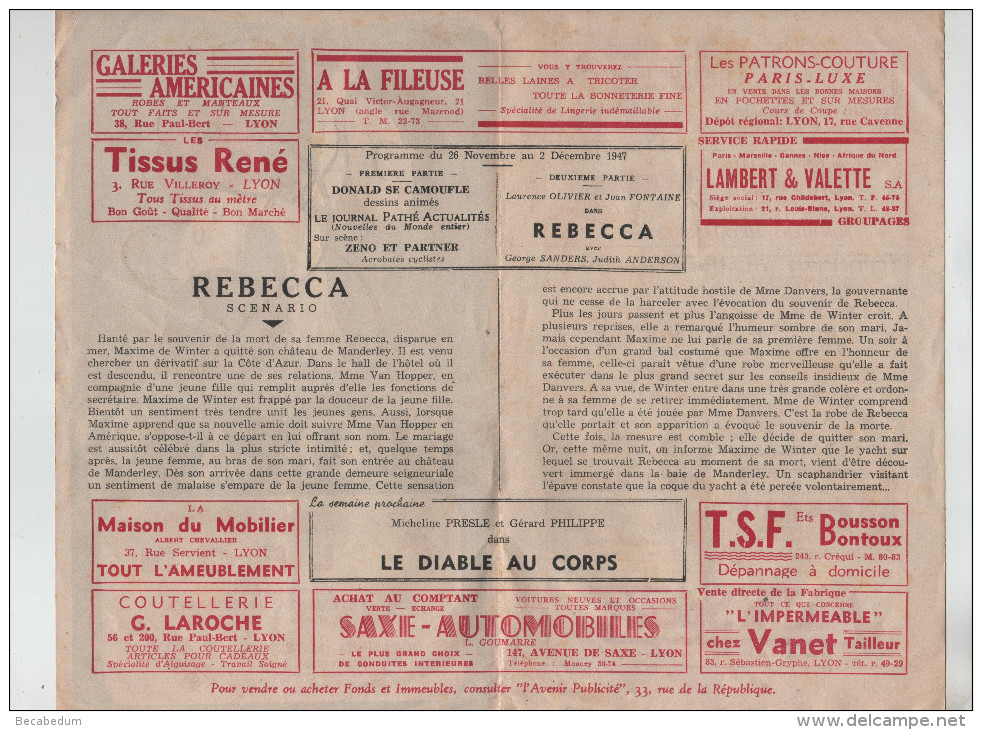 Cinéma Eldorado Lyon Rebecca Publicités Bousson Bontoux TSF Vanet Laroche Léon - Programme