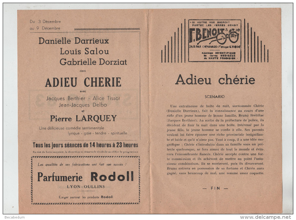 Cinéma Studio 83 Adieu Chérie Larquey Publicités Lyon Parfumerie Rodoll Benoit - Programmes
