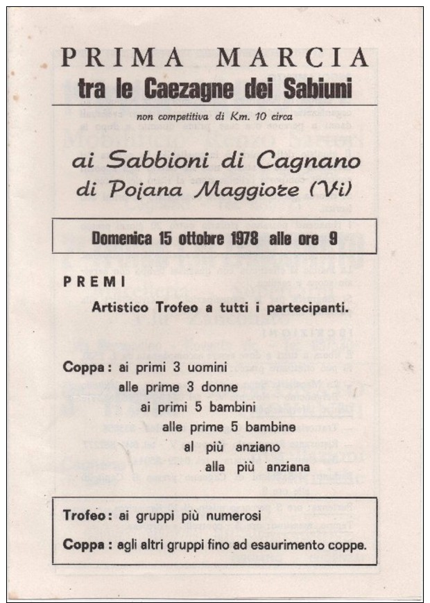 Volantino Pubblicitario I^ Marcia Tra Le Caezagne Dei Sabiuni (Sabbioni Di Cagnano Pojana Maggiore Vicenza) 15.10.1978 - Atletica