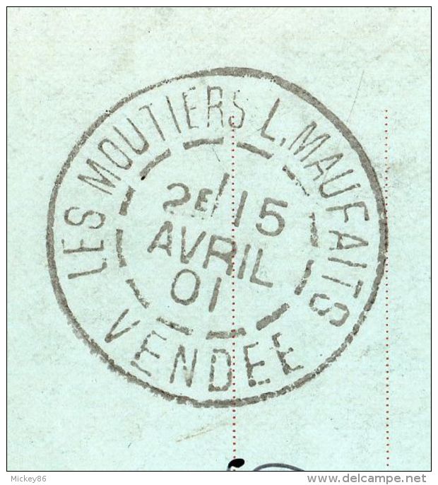 1901-Très Beau Cachet MOUTIERS LES MAUFAITS(Mauxfaits)-85-Vendée Du 15 Avril Sur Carte Postale(barbier,coiffeur)-Sage - Cachets Manuels