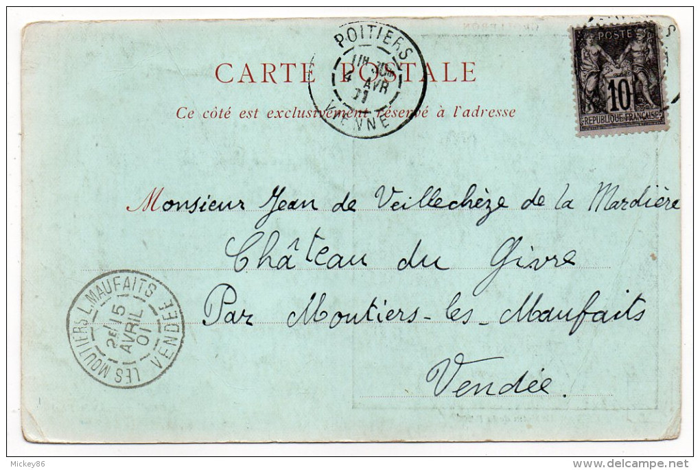 1901-Très Beau Cachet MOUTIERS LES MAUFAITS(Mauxfaits)-85-Vendée Du 15 Avril Sur Carte Postale(barbier,coiffeur)-Sage - Cachets Manuels