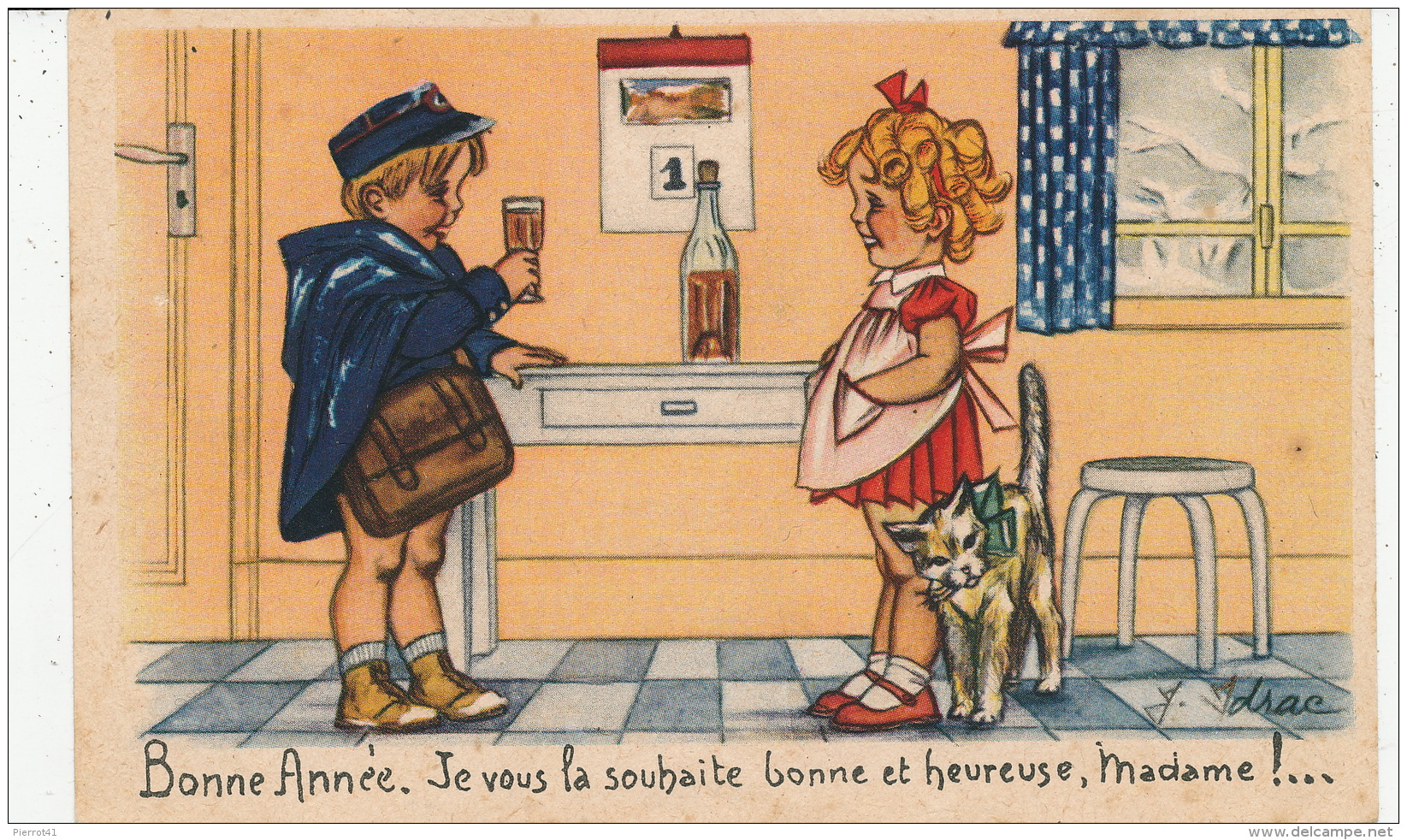 ENFANTS - CAT - Jolie Carte Fantaisie Enfants Fillette Chat Et Facteur De "Bonne Année" Signée IDRAC - Nouvel An