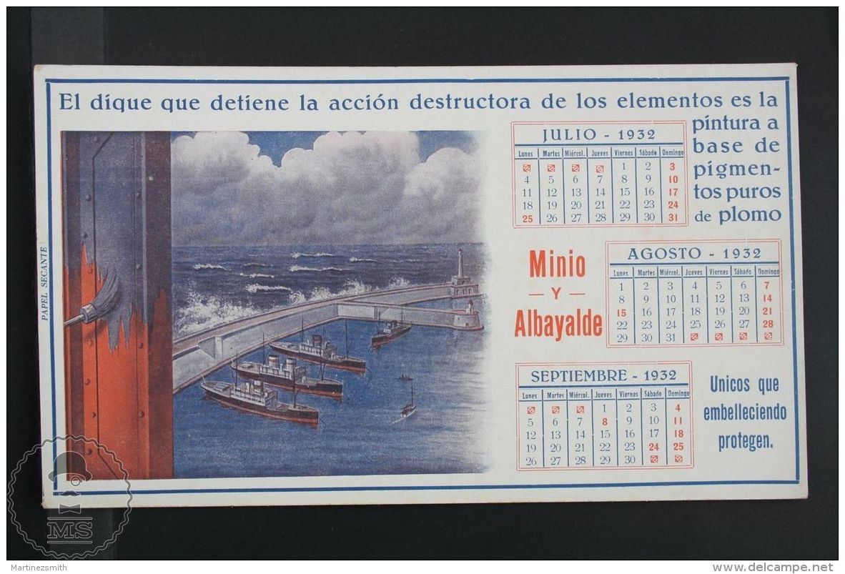 1932 Calendar Blotter Boats &amp; Harbour - Spanish Paint Advertising - Other & Unclassified