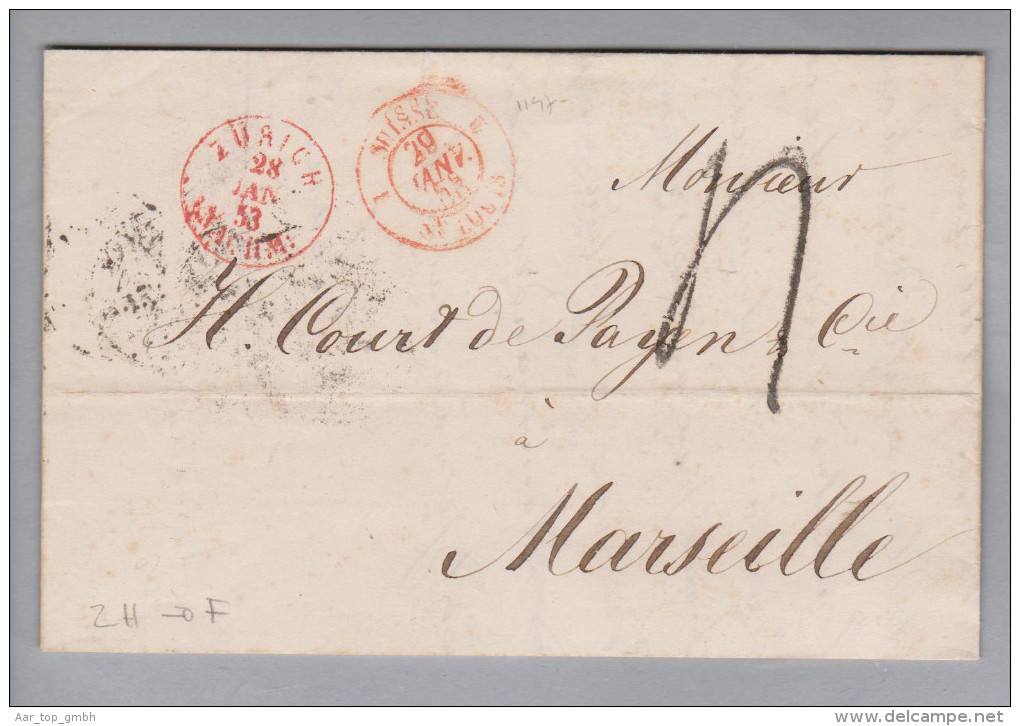 Heimat CH ZH Zürich 1853-01-28 BOM über St.Louis Nach Marseille - 1843-1852 Federal & Cantonal Stamps