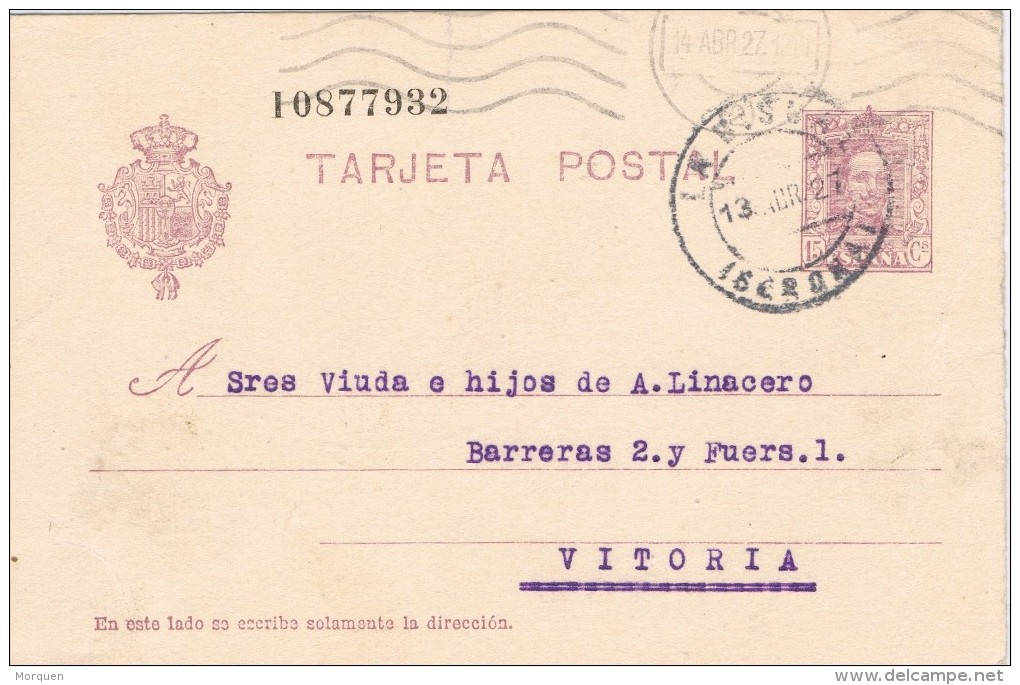 18974. Entero Postal Alfonso XIII Vaquer, Fechador LA BISBAL (Gerona) 1927 - 1850-1931