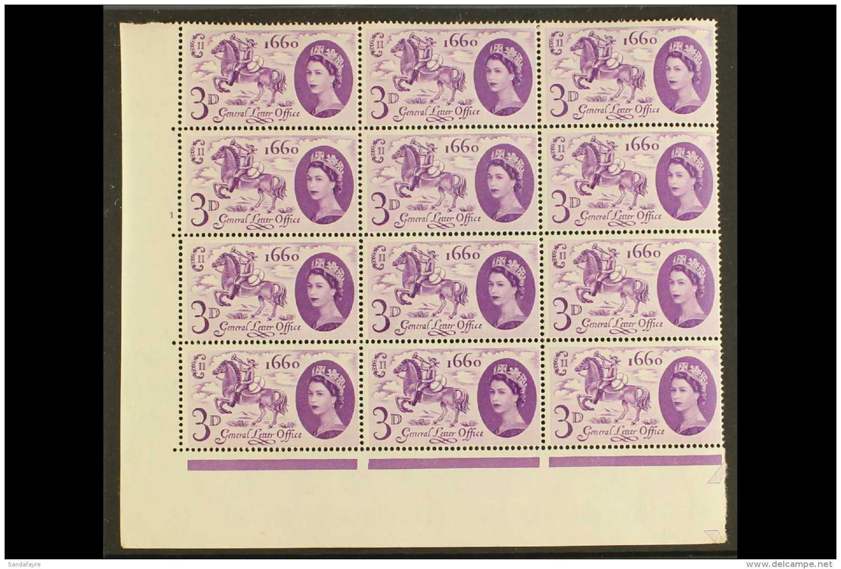 1960 General Letter Office 3d Lilac, SG 619/619a, Cylinder Corner Block Of 12 (No 1, No Dot), One Stamp Bearing... - Andere & Zonder Classificatie