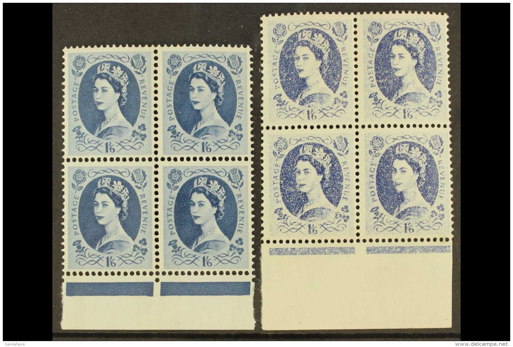 1958 1s 6d  Grey Blue Wilding SG 586, A Stunning Lower Marginal Block Of Four With DRY PRINTING Variety Affecting... - Sonstige & Ohne Zuordnung