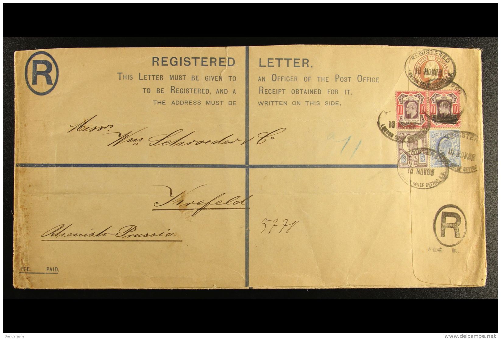 1903 REGISTERED ENVELOPE TO RHENISH-PRUSSIA 1902 3d Brown Registered Envelope, Size K, Used To Krefeld,... - Non Classés