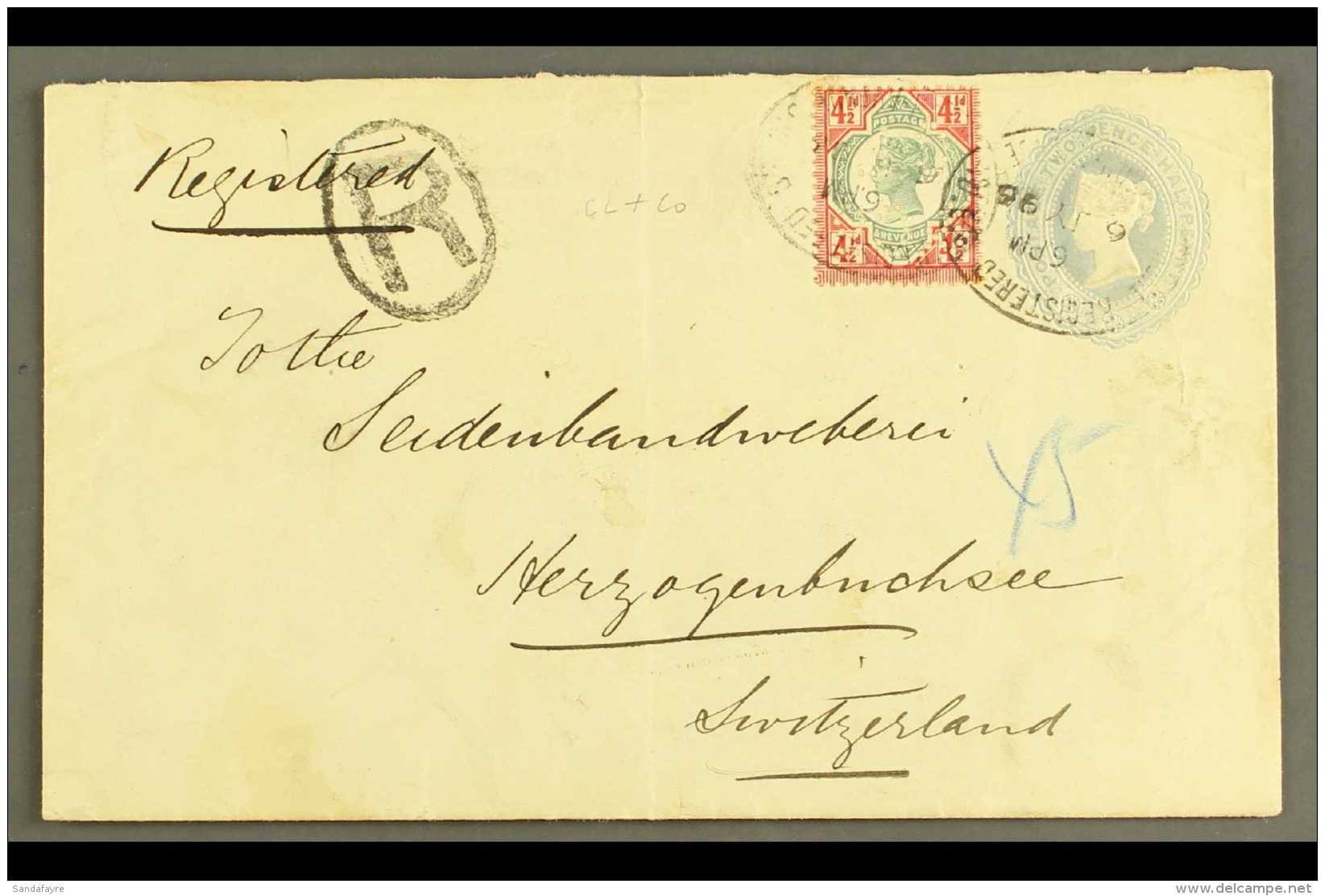 1896 (6 JUL) PERFIN COVER A 2&frac12;d Privately Printed Stationery Envelope Registered To Switzerland And Uprated... - Andere & Zonder Classificatie
