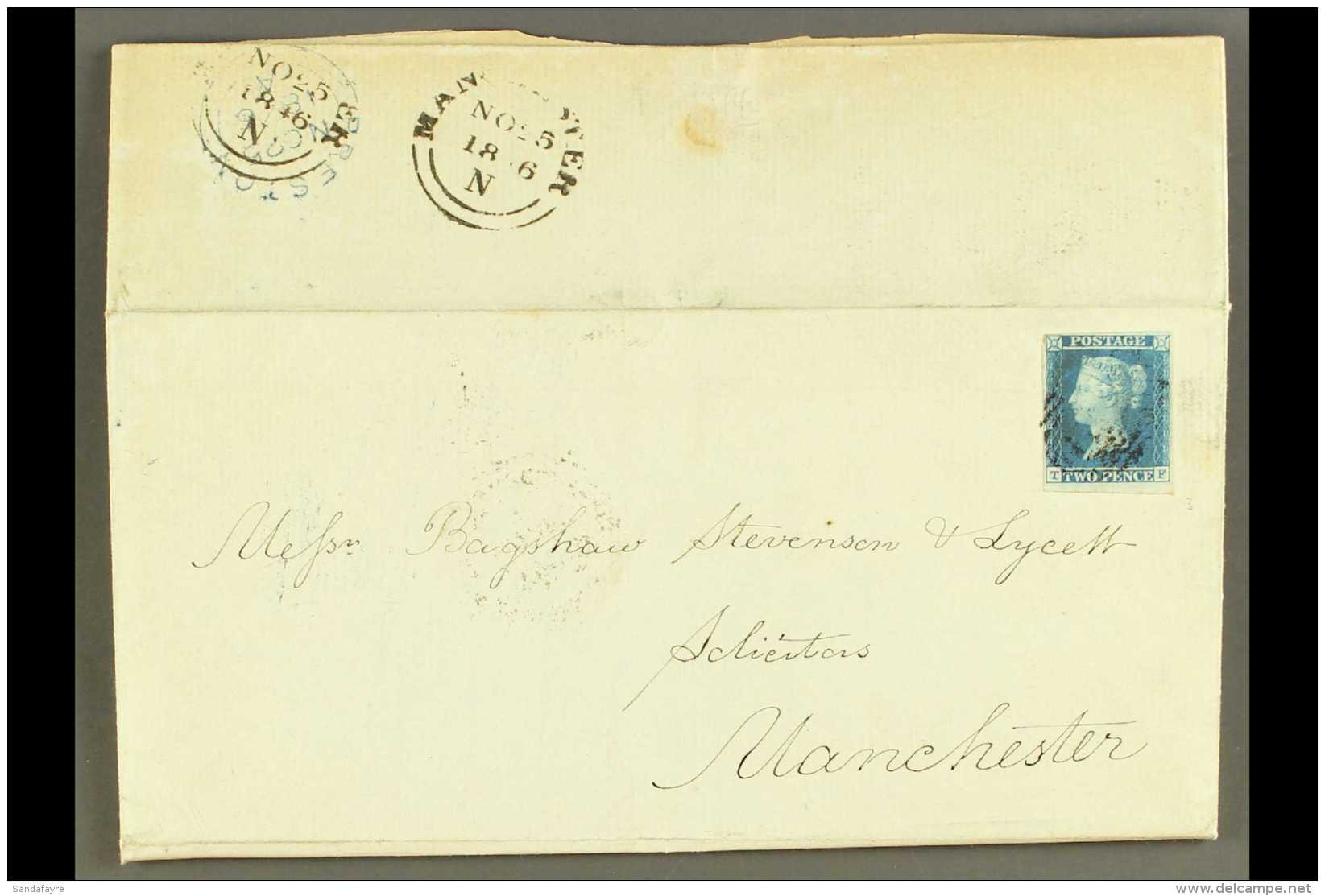 1846 (Nov 25) Entire From Preston To Manchester Bearing 1841 2d Blue (SG 14) With 4 Margins &amp; Light Barred... - Autres & Non Classés