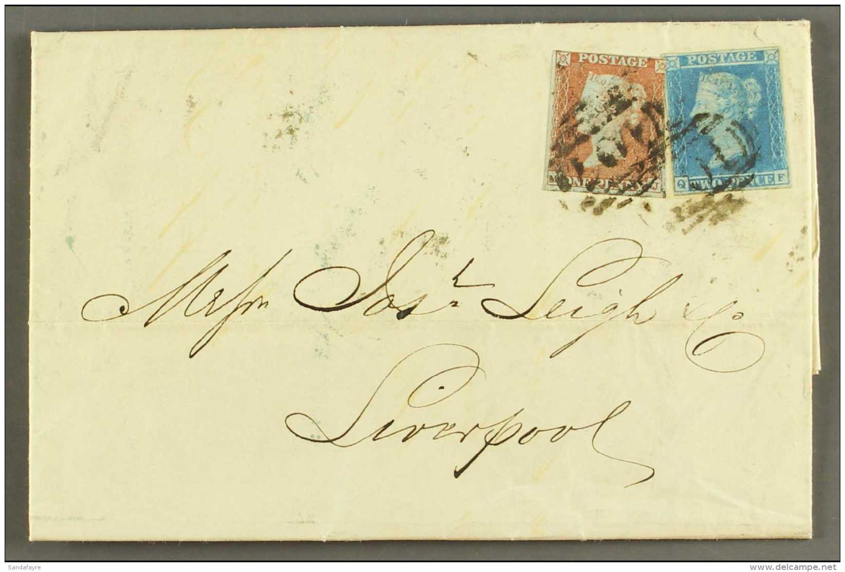 1841 MIXED FRANKING. 1850 (26 Jul) EL From Bradford To Liverpool Bearing The 1841 1d Red (3 Margins) &amp; 2d Blue... - Sonstige & Ohne Zuordnung