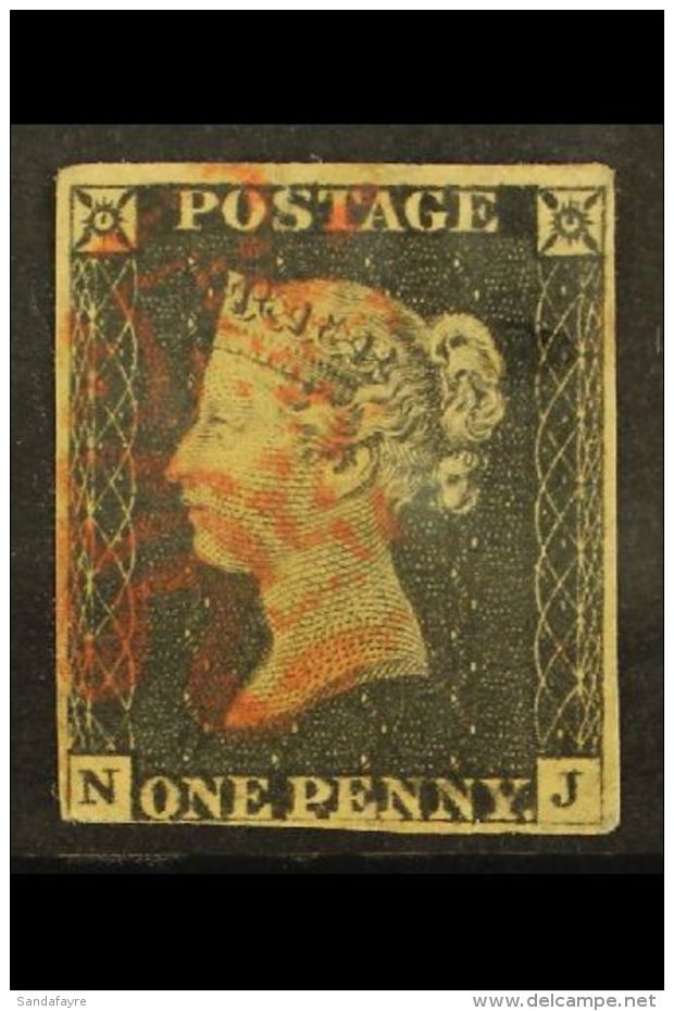 1840 1d Penny Black, SG 2, "N-J" Check Letters, 3 Margins &amp; Tiny Closed Tear At Top, Red Maltese Cross Cancel... - Zonder Classificatie