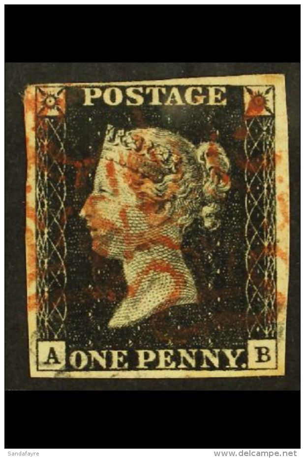 1840 1d Black 'AB', Plate 1b, With Red And Black Maltese Cross Postmarks, Only A Small Part Of The Black Towards... - Ohne Zuordnung