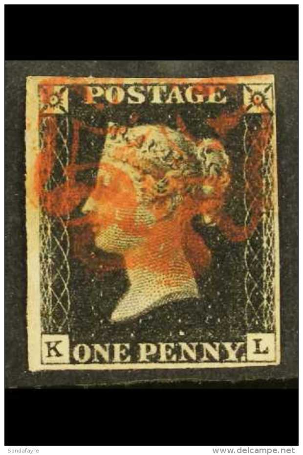 1840 1d Black 'KL' (guideline Below "K"), Plate 4, SG 2, Fine Used With 4 Small / Large Margins &amp; Bright Red... - Zonder Classificatie