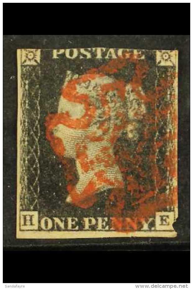 1840 1d Black 'HE' With Double 'H', Plate 5, SG 2, Used, Into At 2 Sides With Bright Red MC Pmk. For More Images,... - Ohne Zuordnung