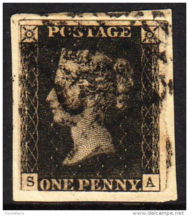 1840 1d Black 'SA' Plate 7, SG 2, Used With 3 Margins (just Touches At Base Left) Tied To Piece By Black MC Pmk... - Ohne Zuordnung