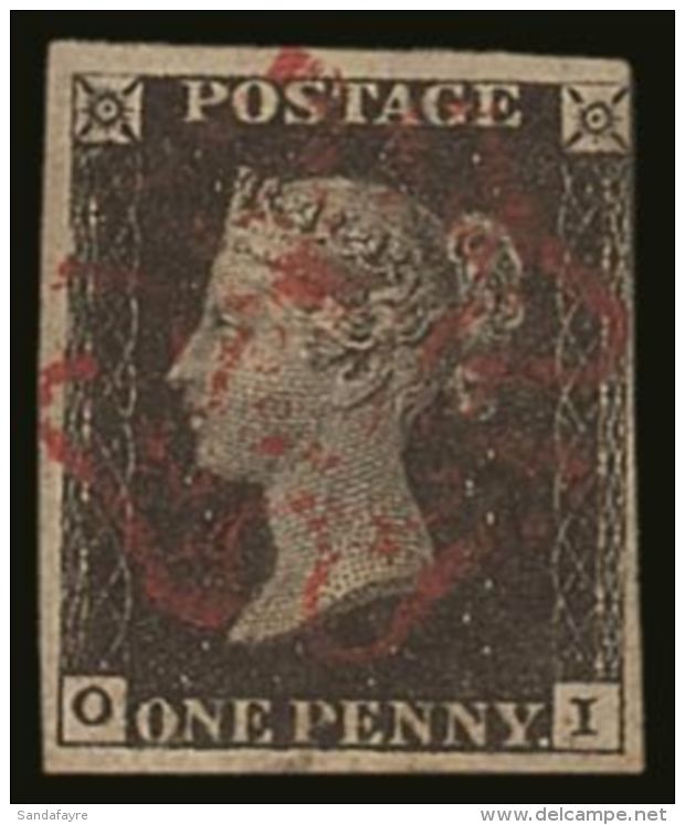 1840 1d Black, Pl 8, (O - I), 3&frac12; Margins With Neat Central Red M/C Cancel.  For More Images, Please Visit... - Zonder Classificatie