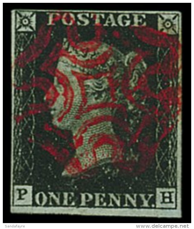 1840 1D BLACK Plate 8 Lettered "PH", On Thin Paper (SG Spec. AS46e). Attractive With Four Neat Margins, And Crisp... - Ohne Zuordnung