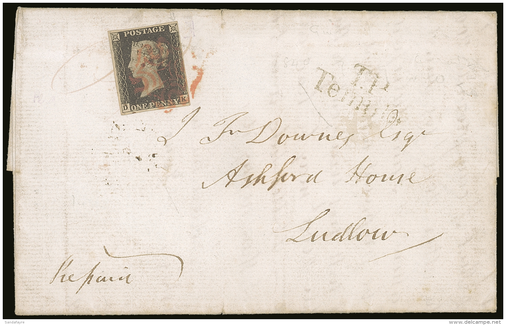 1840 (23 Nov) EL From Cleobury Mortimer (Shropshire) To Ludlow Bearing An 1840 1d Black 'DK' Plate 9 (SG 2) With 4... - Zonder Classificatie