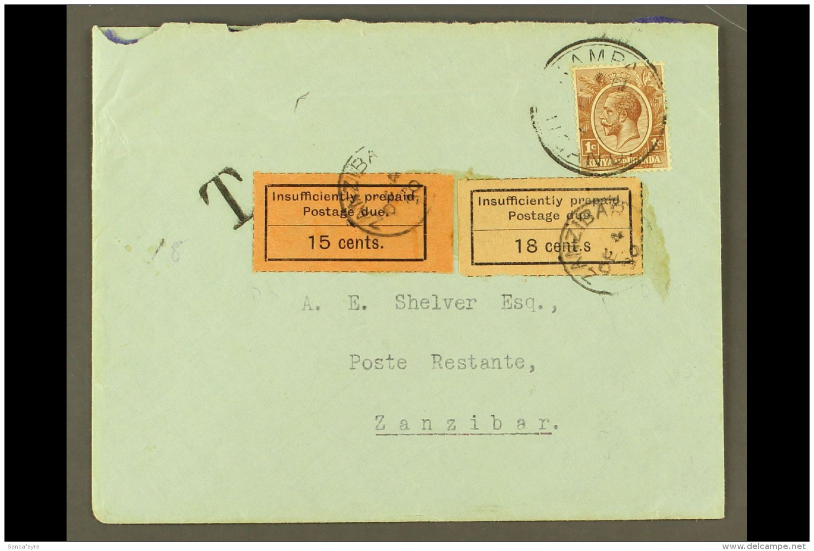 1926-30 POSTAGE DUE ERROR ON COVER Envelope From Kampala To Zanzibar, Bearing The KUT 1c Brown Tied Kampala Cds,... - Zanzibar (...-1963)