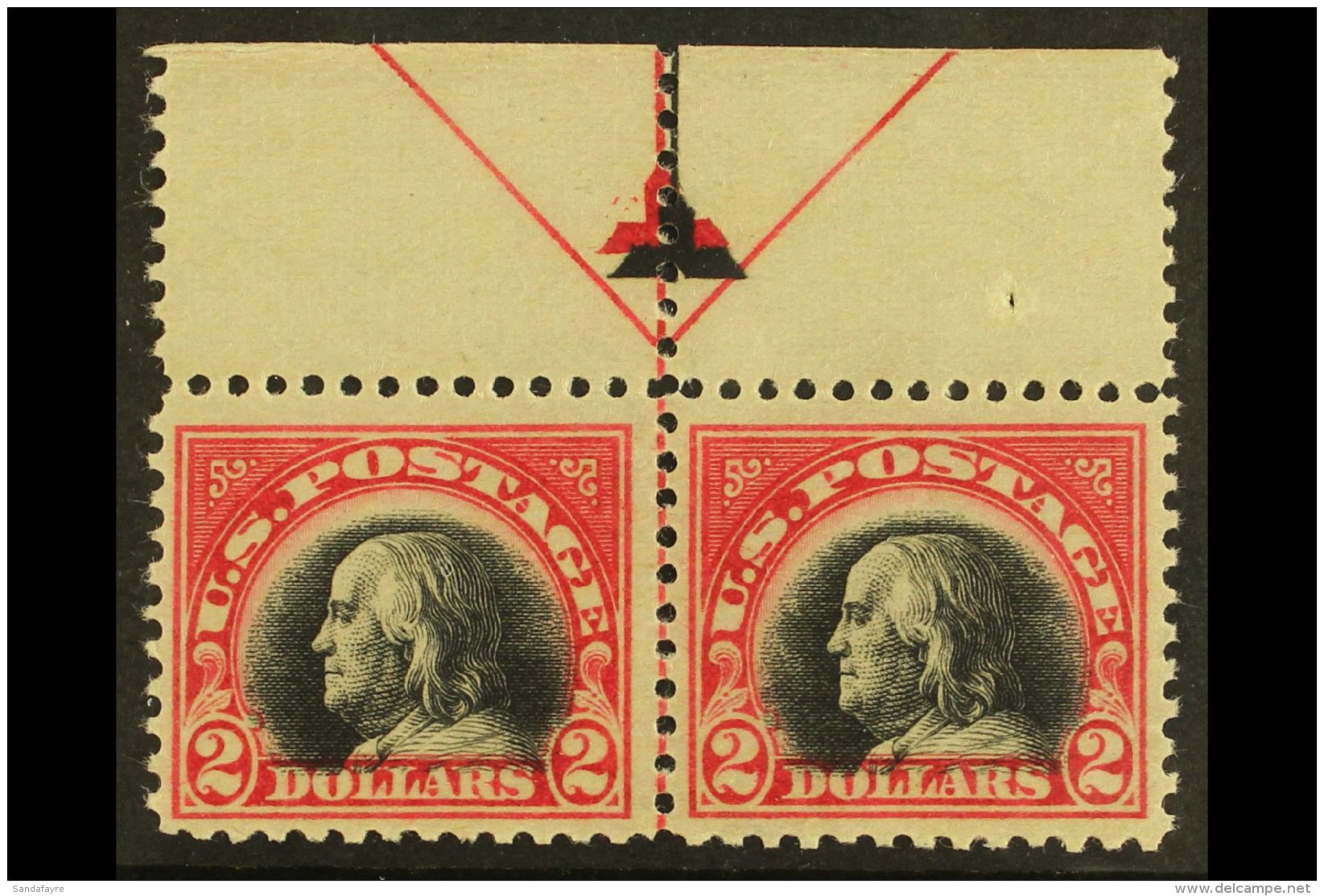 1920 $2 Carmine And Black, Scott 547, Fine - Very Fine Lightly Hinged Mint PAIR With Center Line And Full Upper... - Andere & Zonder Classificatie