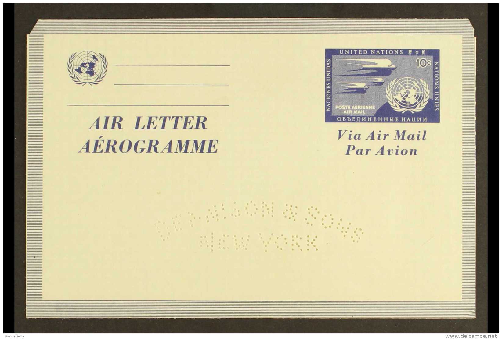 NEW YORK 1954 10c Royal Blue Air Letter, Scott UC2, Very Fine Unused, Perforated "DENNISON &amp; SONS NEW YORK",... - Sonstige & Ohne Zuordnung