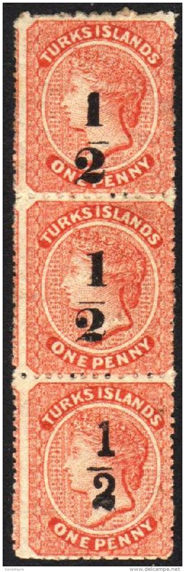 1881 &frac12; On 1d Dull Red, Vertical Strip Of Three From Setting 10, Showing Types 9/9/10, SG 17/18, Mint With... - Turks- En Caicoseilanden