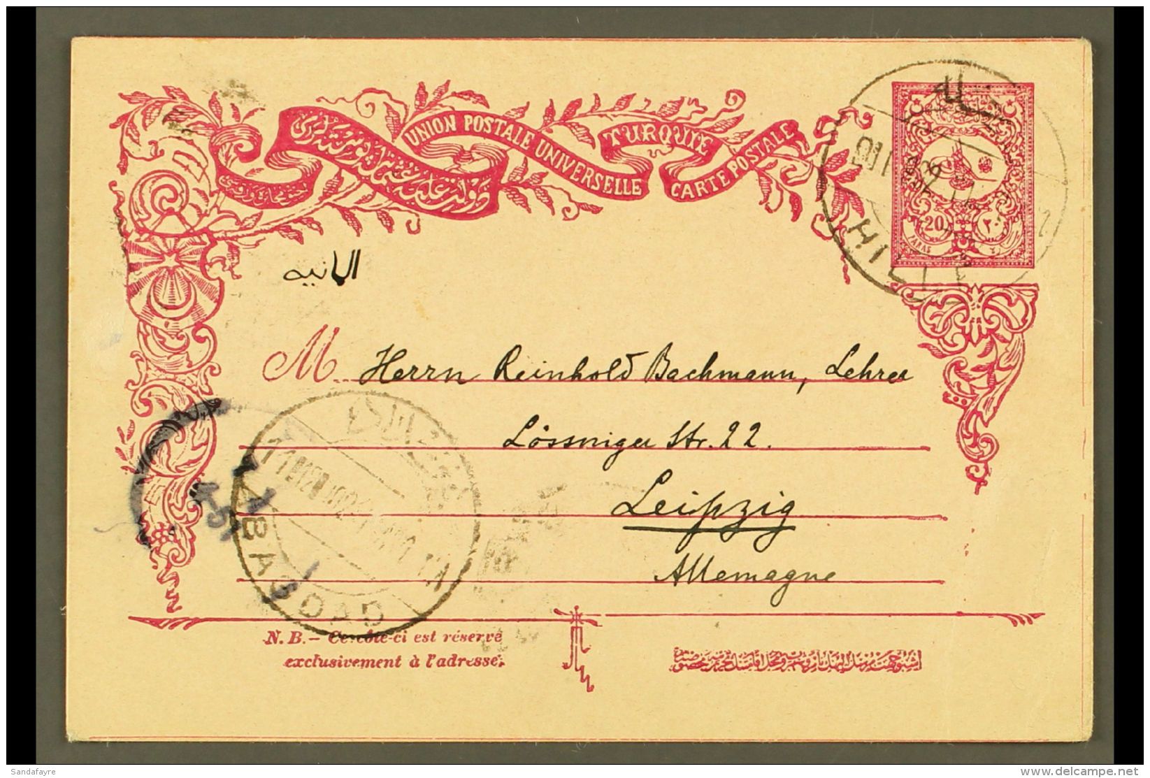 USED IN IRAQ 1902 20pa Postal Stationery Postcard Addressed To Germany, Bearing "HILLE" Bilingual Cds Cancel, CW... - Sonstige & Ohne Zuordnung