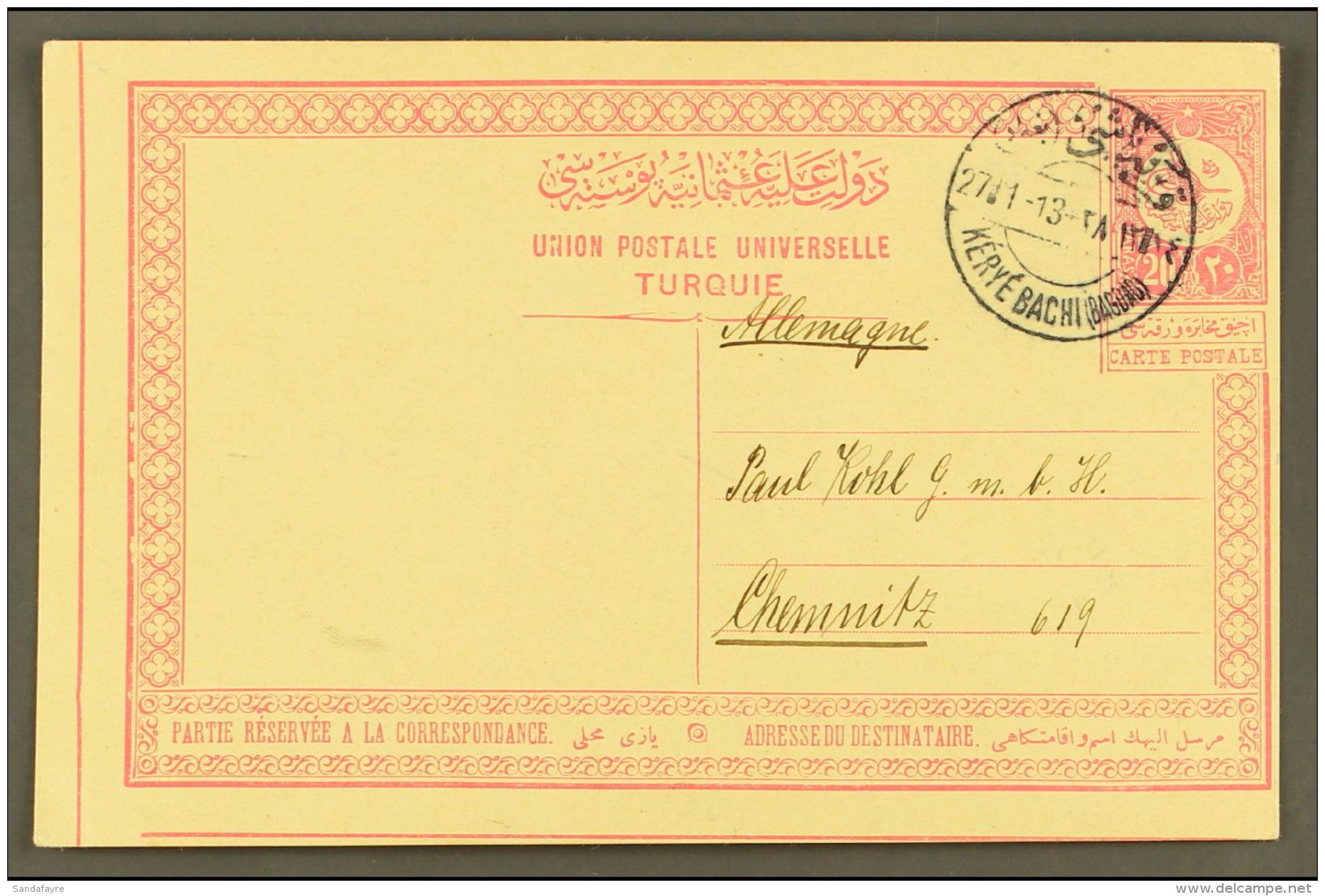 USED IN IRAQ 1913 20pa Postal Stationery Postcard Addressed To Germany, Cancelled By "KERYE BACHI (BAGDAD)"... - Andere & Zonder Classificatie