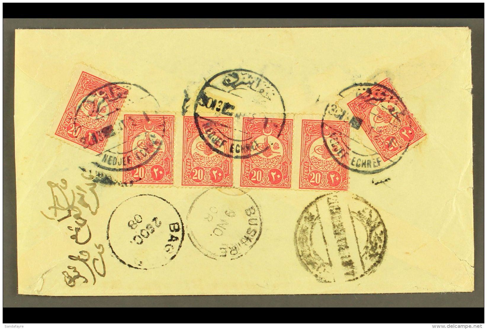 USED IN IRAQ 1908 Cover Addressed In Arabic To Bushire (Persia), Bearing 1908 20pa (x6) On Reverse Tied By "NEDJEF... - Sonstige & Ohne Zuordnung