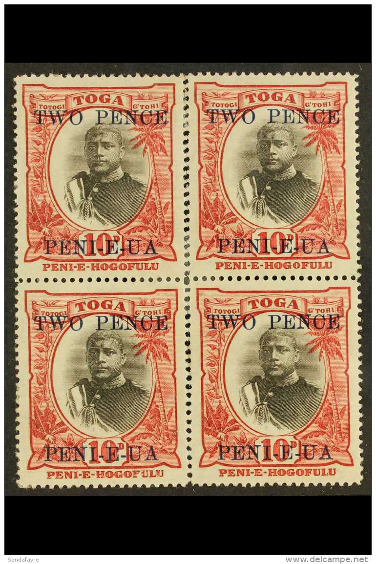 1923-24 2d On 10d Black &amp; Lake Surcharge, SG 66, Fine Mint BLOCK Of 4 With One Stamp Showing SMALL SECOND "O"... - Tonga (...-1970)