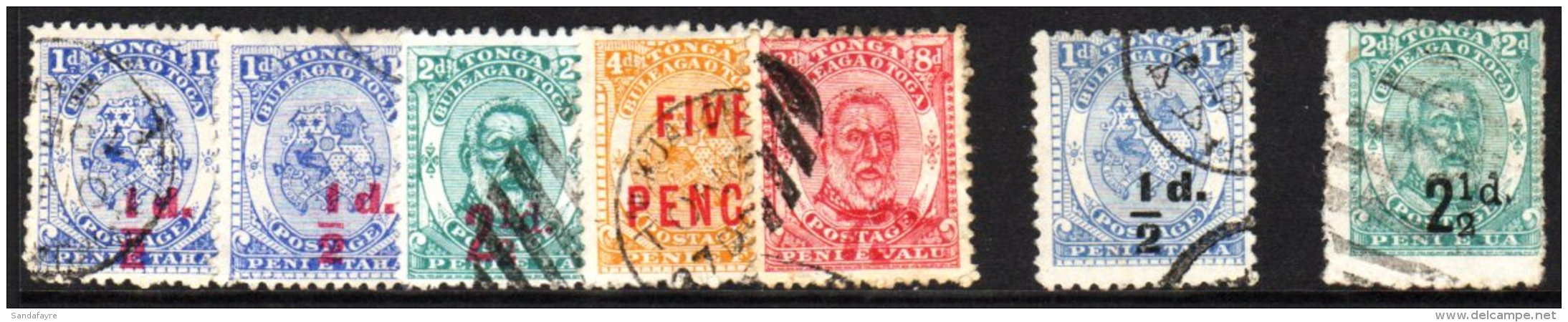 1893 Surcharges Group With All Red And Black Surcharges, SG 15/20, Fine Used. (7 Stamps)  For More Images, Please... - Tonga (...-1970)