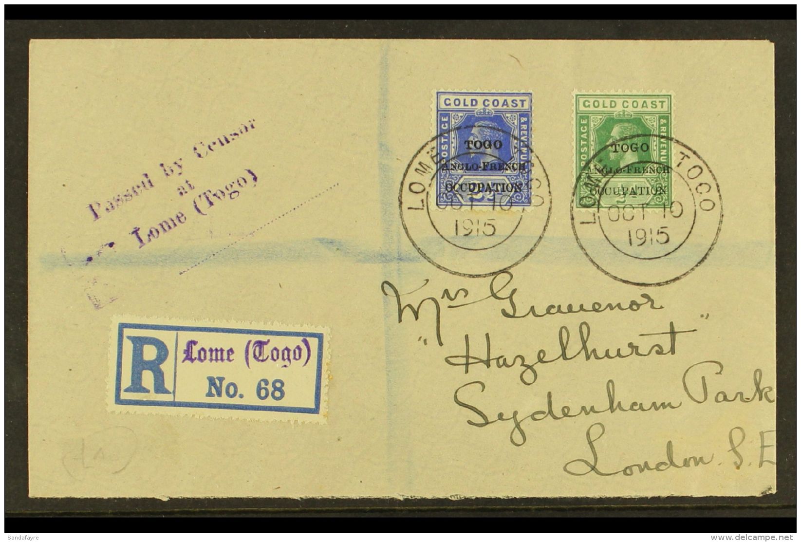 ANGLO-FRENCH OCCUPATION 1915 (10 Oct) Registered Censored Cover To London, Bearing 1915 &frac12;d &amp; 2&frac12;d... - Andere & Zonder Classificatie