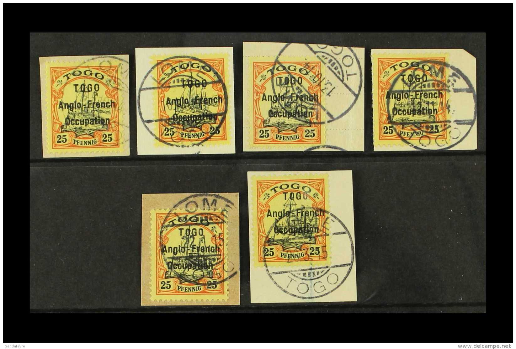 1914 ANGLO FRENCH OCCUPATION 25pf Black And Red On Yellow, 3mm Spacing SG H5, Examples On Pieces With Full Lome... - Sonstige & Ohne Zuordnung