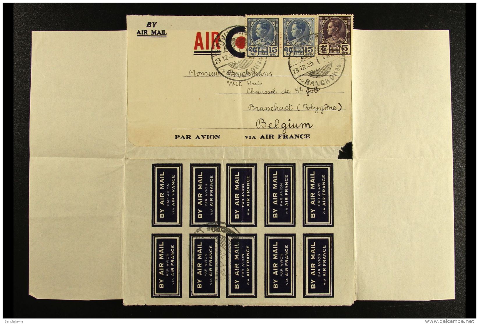 1935 (23 Dec) Sheet With 10 Airmail Labels &amp; Air France Address Label With 5stg &amp; A Pair Of 15stg Stamps... - Tailandia