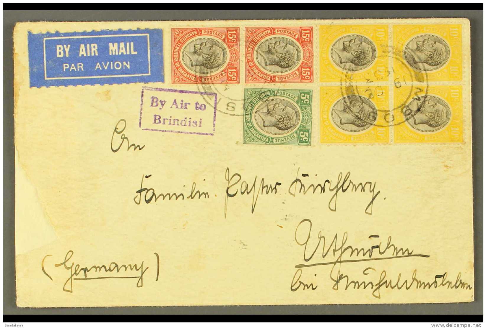 1933 (Dec) Flown Envelope (faults) To Germany Bearing KGV 5c, 10c Block Of Four And 15c Pair Tied By MBOSI Cds's,... - Tanganyika (...-1932)