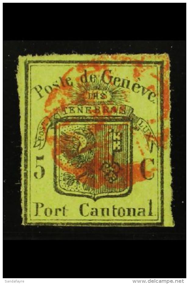 GENEVA 1846 5c Black On Yellow-green Large Eagle (Zum 6, SG G4, Mi 4, Sc 2L3), Fine Used With 3 Good Margins... - Andere & Zonder Classificatie