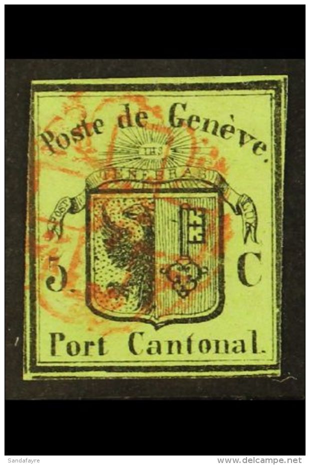 GENEVA 1845 5c Black On Yellow-green Small Eagle (Zum 5, SG G3, Mi 3, Sc 2L2), Almost 4 Margins (just Brushing At... - Autres & Non Classés