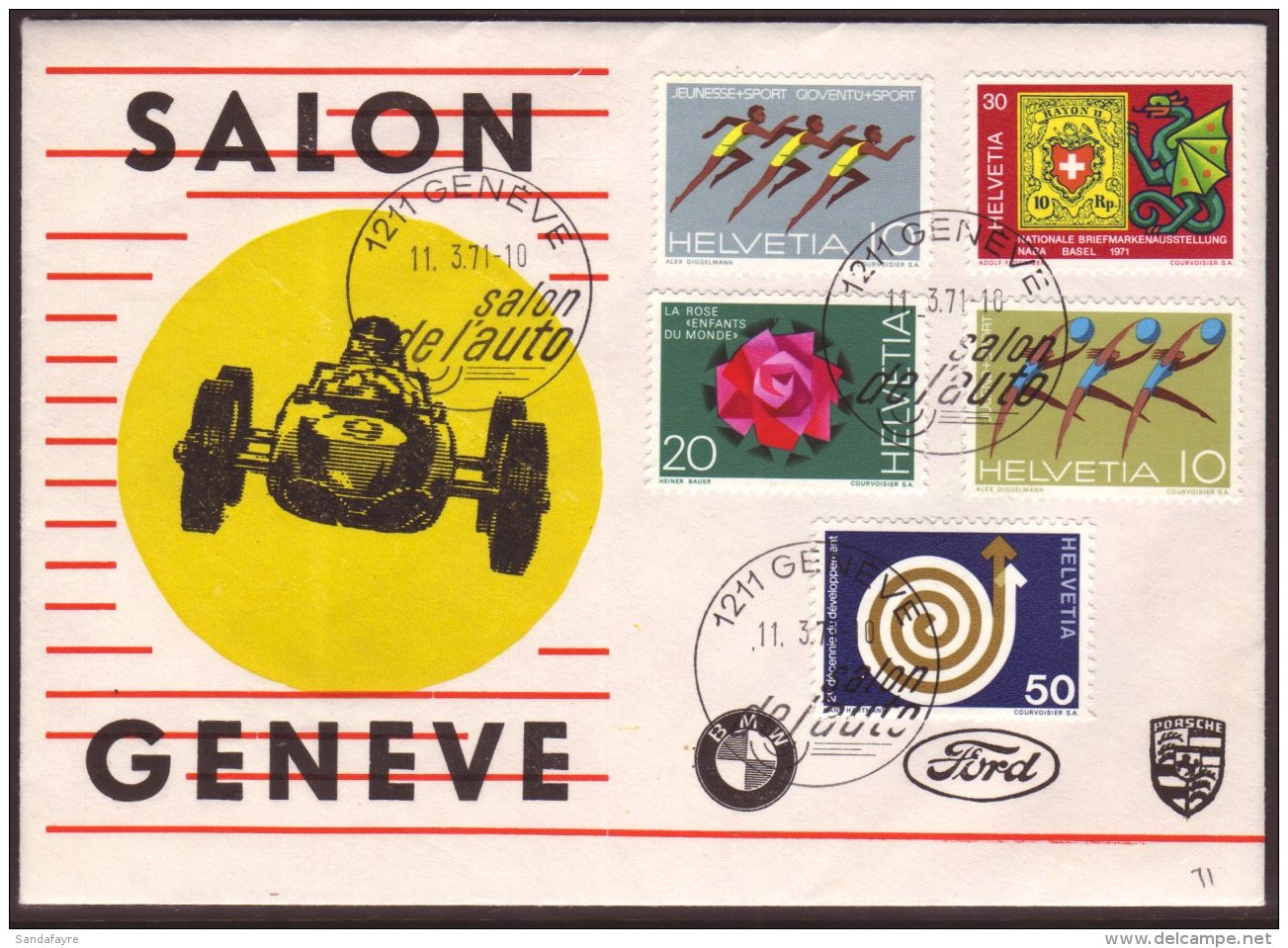 1971 MOTOR SHOW FDC The Publicity Issue Set (Mi 940/45) On Geneva Motor Show Illustrated And Unaddressed FDC With... - Andere & Zonder Classificatie