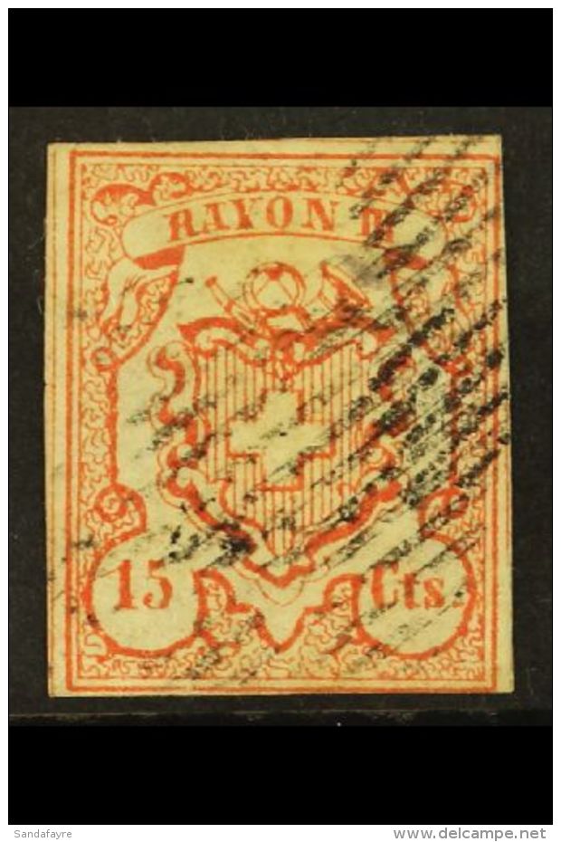 1852 15c Vermilion (Zum 19, SG 22, Mi 11, Sc 13), 3+ Margins (just Touching At Bottom Right) And Black Barred... - Autres & Non Classés