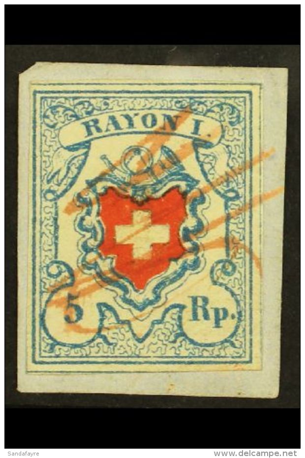 1851 5r Red And Pale Blue, Central Cross With Blue Frame (Zum 17 I, SG 12a, Mi 9 I, Sc 9), On Piece Tied By Red... - Sonstige & Ohne Zuordnung