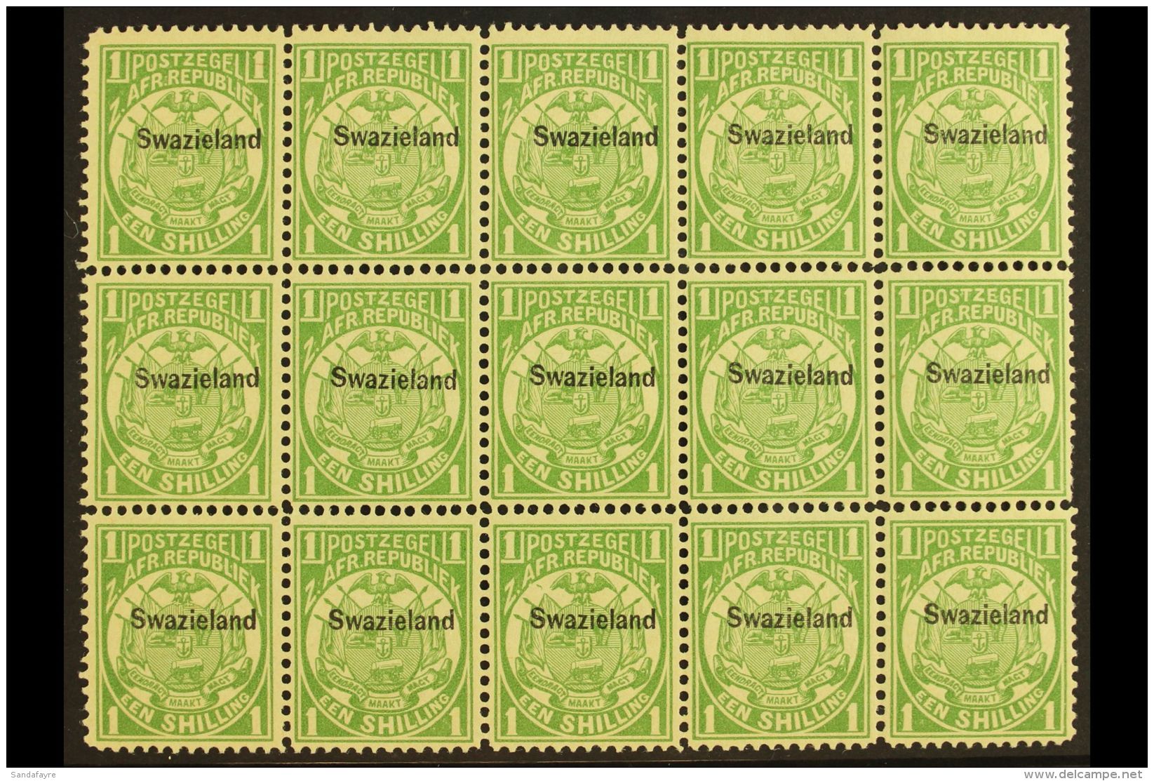 1889-90 1s Green, SG 3, Reprint Block Of 15 Stamps. Never Hinged Mint For More Images, Please Visit... - Swasiland (...-1967)